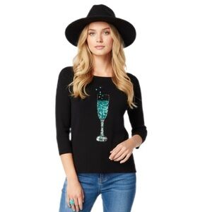 Lucia Burns Black Sequin Top with Champagne Glass Design Size L Bubbly Sparkle